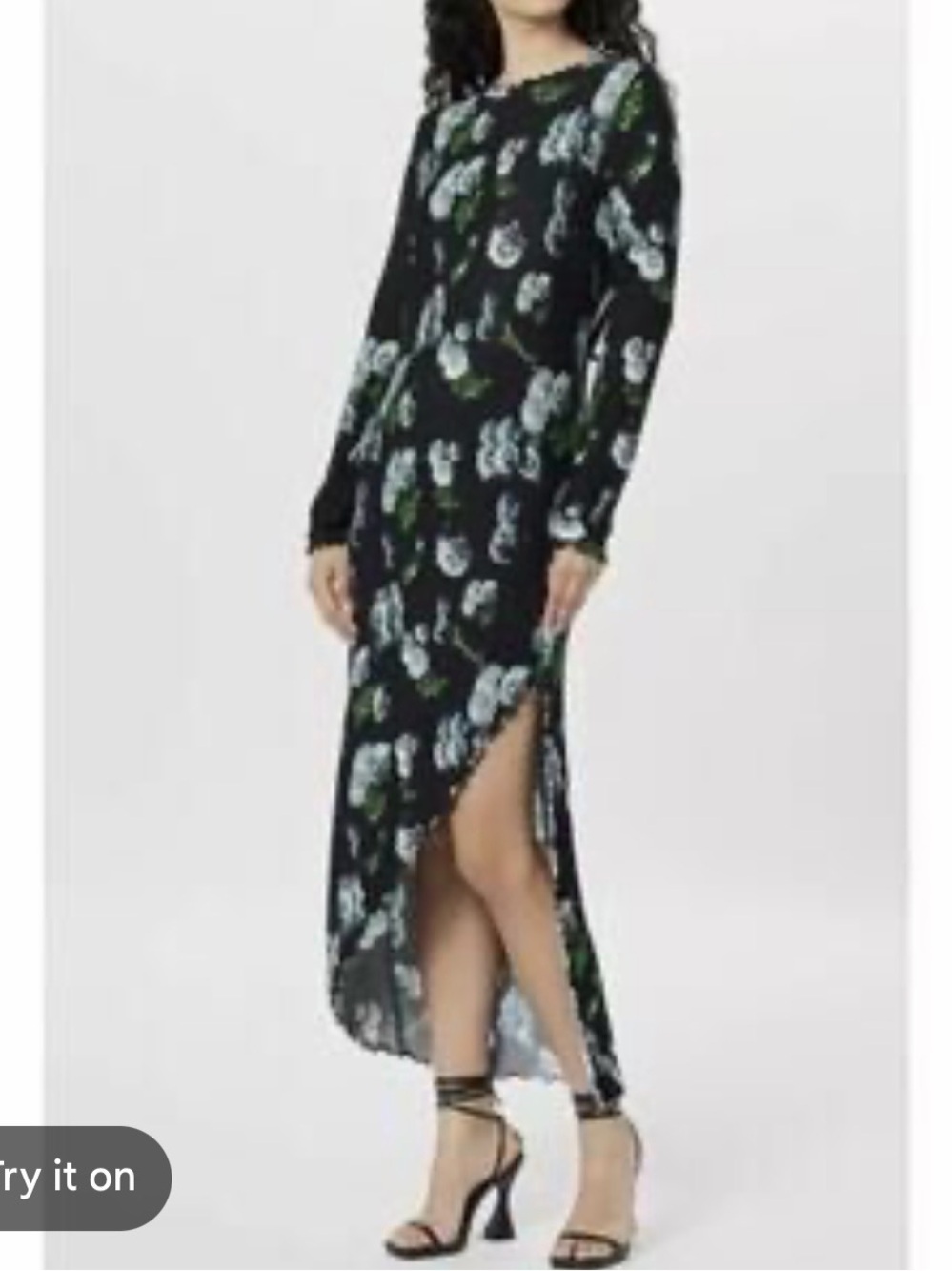 Jonathan Cohen Black Floral Long-Sleeve Maxi Dress with Side Slit
